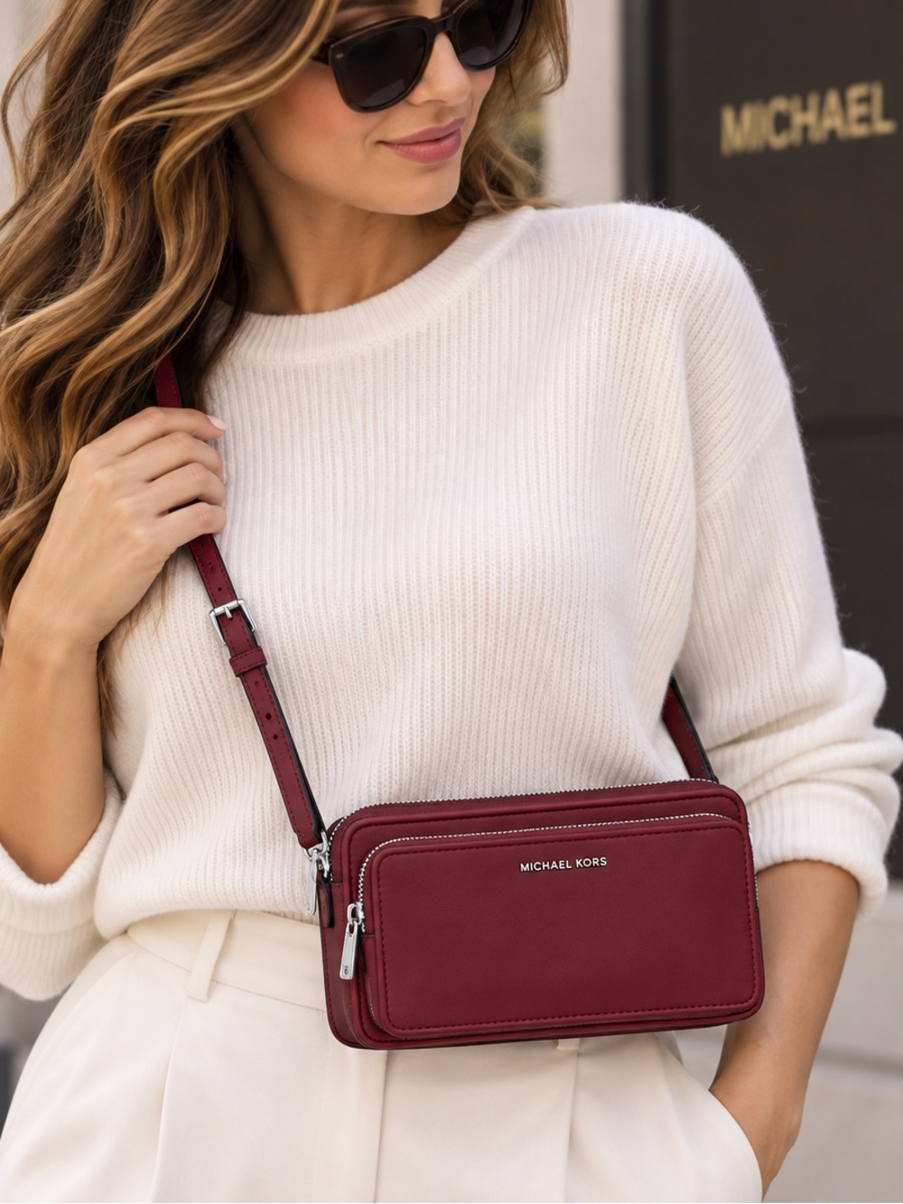 Michael Kors Jet set large Wine Oxblood crossbody bag Silver Hardware UNISEX